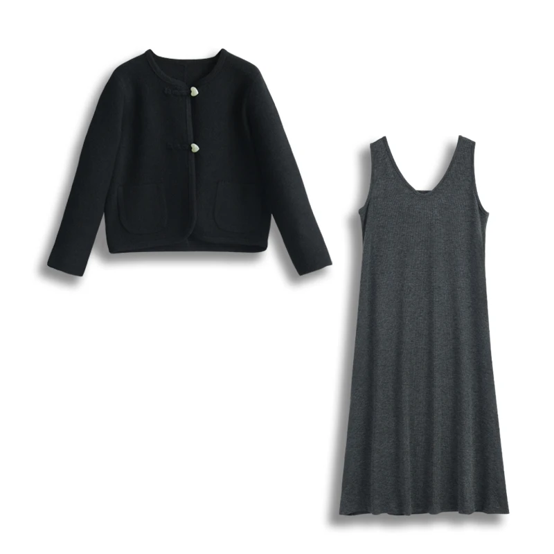 小香风爱心扣国风新中式毛呢外套灰色连衣裙2024秋冬新款套装817