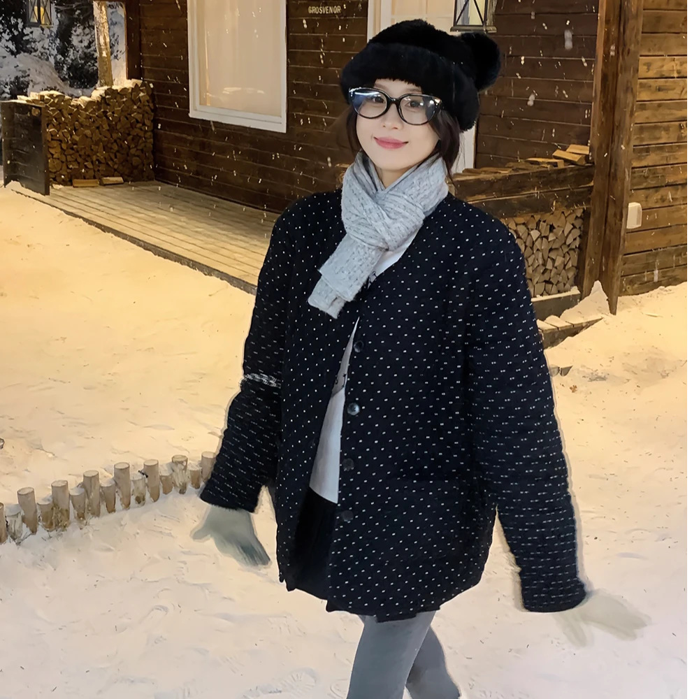 韩系少女感菱格纹波点棉服女减龄宽松显瘦保暖加厚v领外套冬