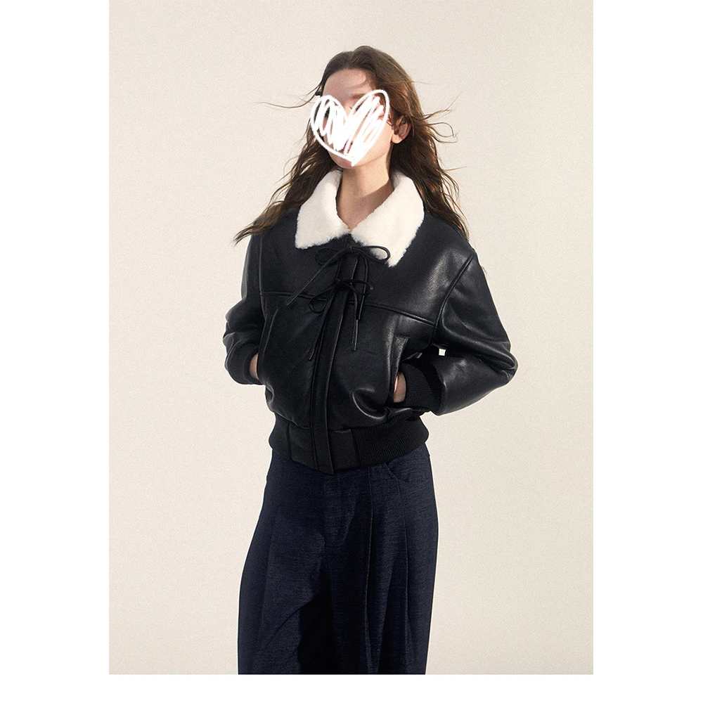 黑色皮毛一体机车服夹克女2024冬季新款美式复古加厚毛领皮衣外套
