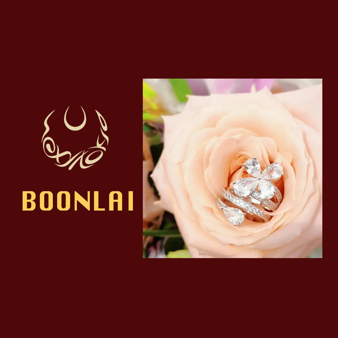 铜合金莫桑石戒指 Boonlai 气质多圈镶钻花朵造型戒指053