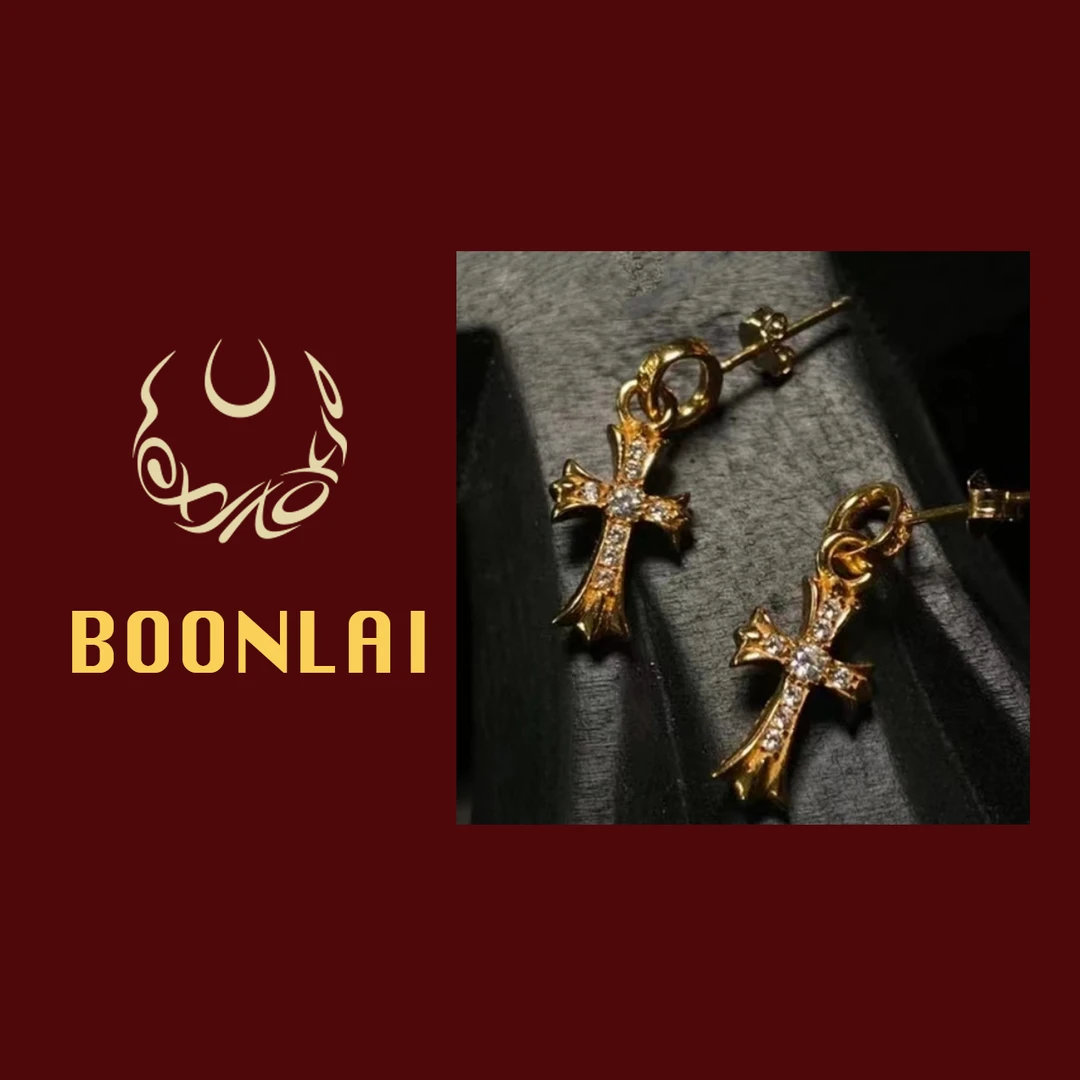 铜合金莫桑石耳饰 Boonlai  大货镶钻金属十字花朵耳环0001