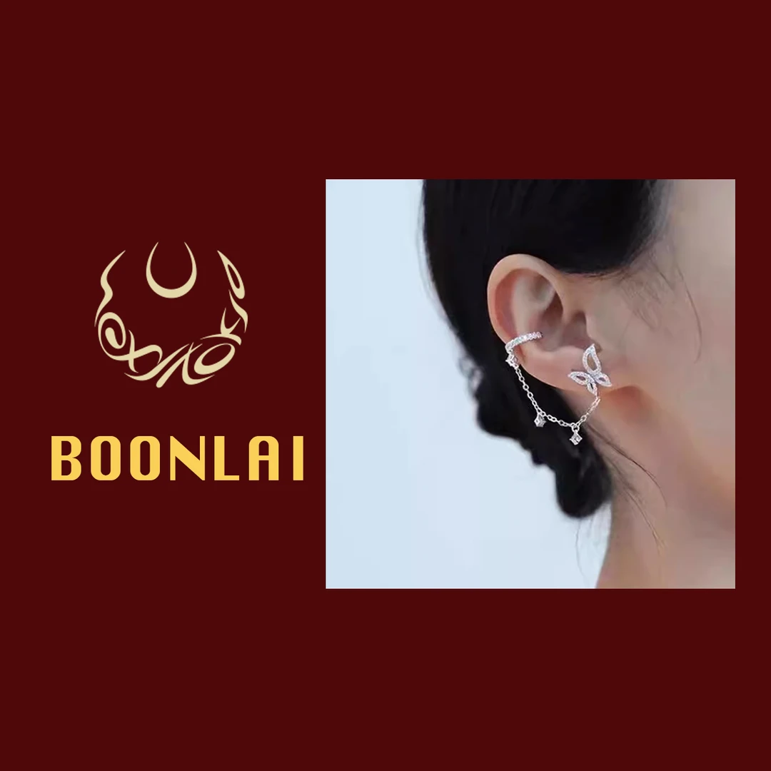 铜合金莫桑石耳饰 Boonlai 单只银色蝴蝶珠珠镶钻耳坠气质耳夹023