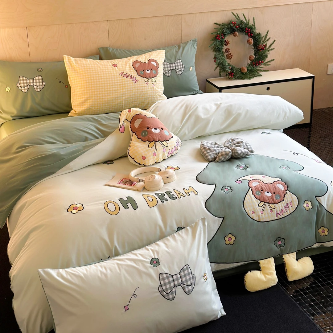 美莉 幸运树绿 全棉水洗棉大版刺绣三件套四件套网红可爱小清新