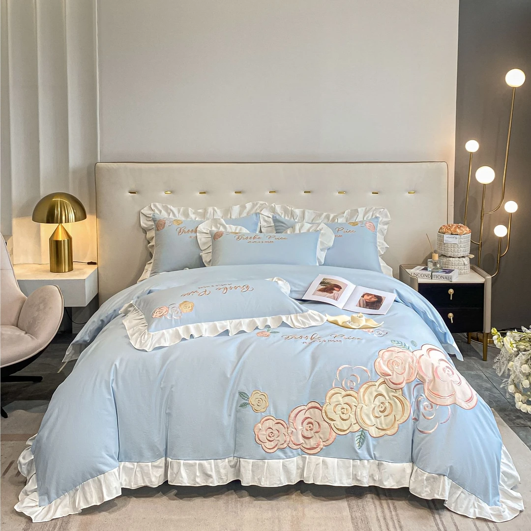 美莉 朵朵花开 120支全棉长绒棉大版刺绣四件套高端品质花边