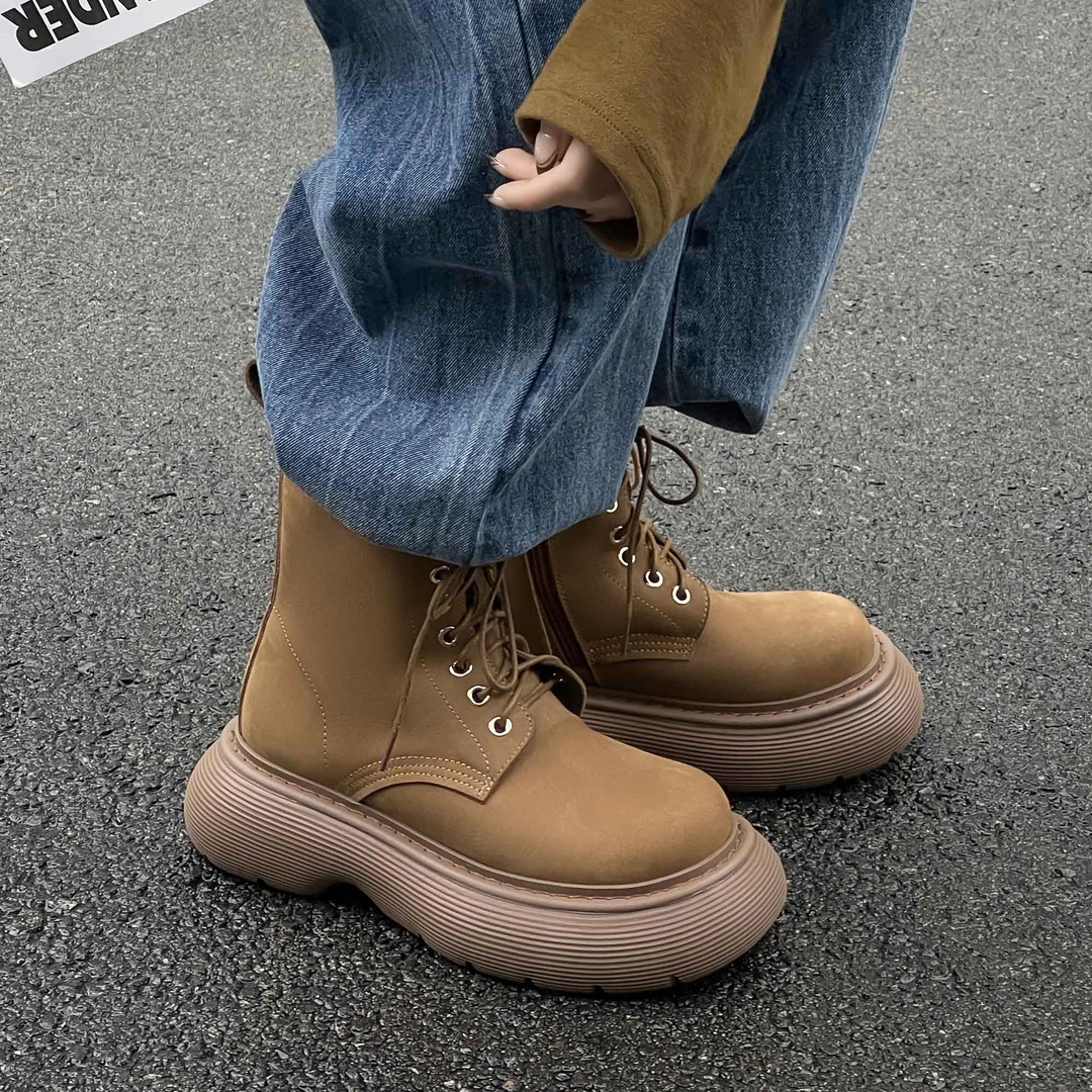 KAKANIYA/卡卡妮亚【头层牛皮】 松糕厚底大黄靴短靴女系带马丁靴冬