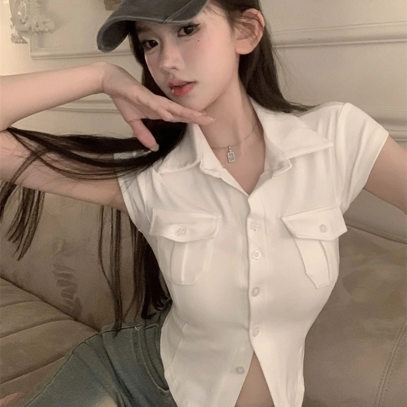 纯欲衬衫女韩版白色简约高级感夏季新款收腰显瘦性感小众短袖上衣