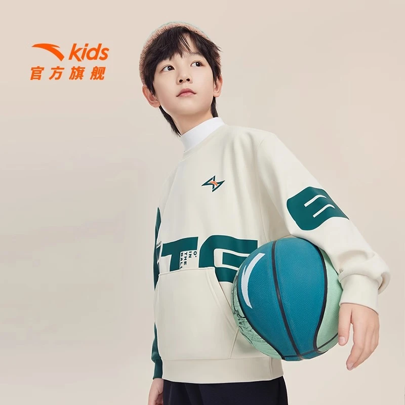 安踏儿童卫衣男大童篮球套头衫2024冬季加绒保暖运动衫352441714