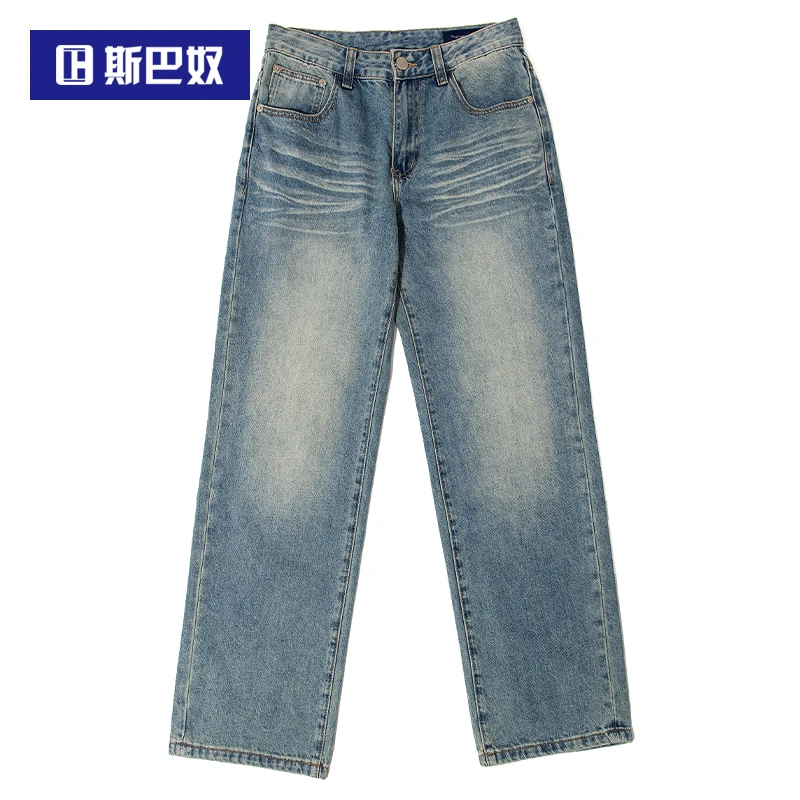 斯巴奴2025春季新款宽松直筒牛仔裤男复古水洗渐变休闲长裤