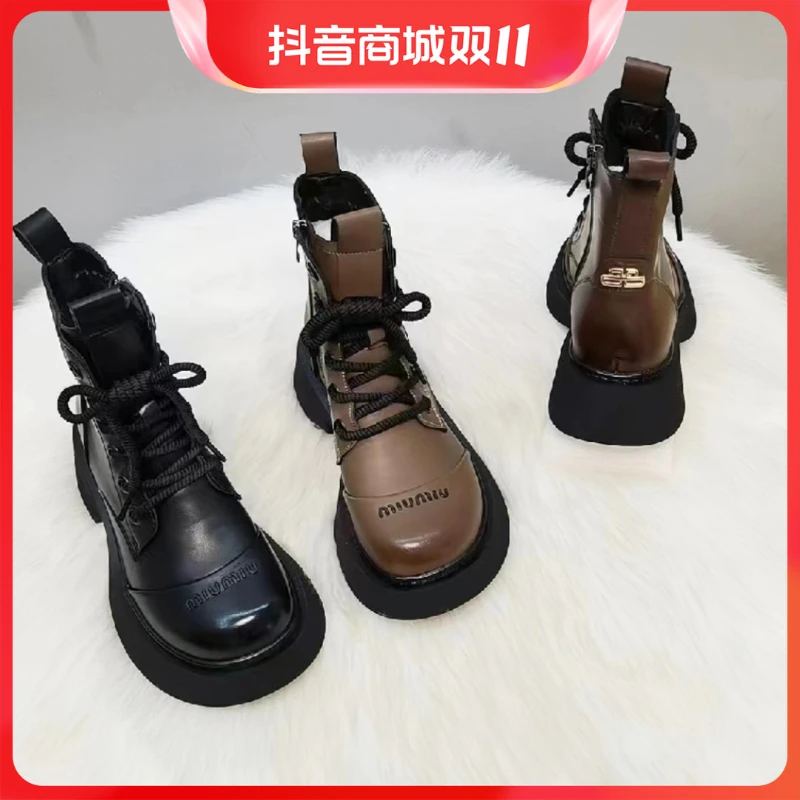 时尚百搭马丁靴厚底英伦风牛皮秋冬系带真皮复古加绒冬季圆头秋季