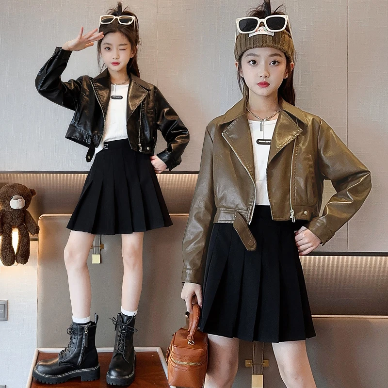 女童皮衣外套2025新款洋气儿童宽松短款中大童春秋季潮酷夹克上衣