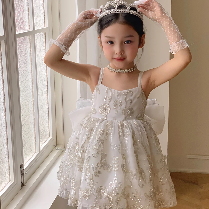 女童吊带连衣裙夏季白色礼服六一毕业典礼裙子重工小女孩公主裙