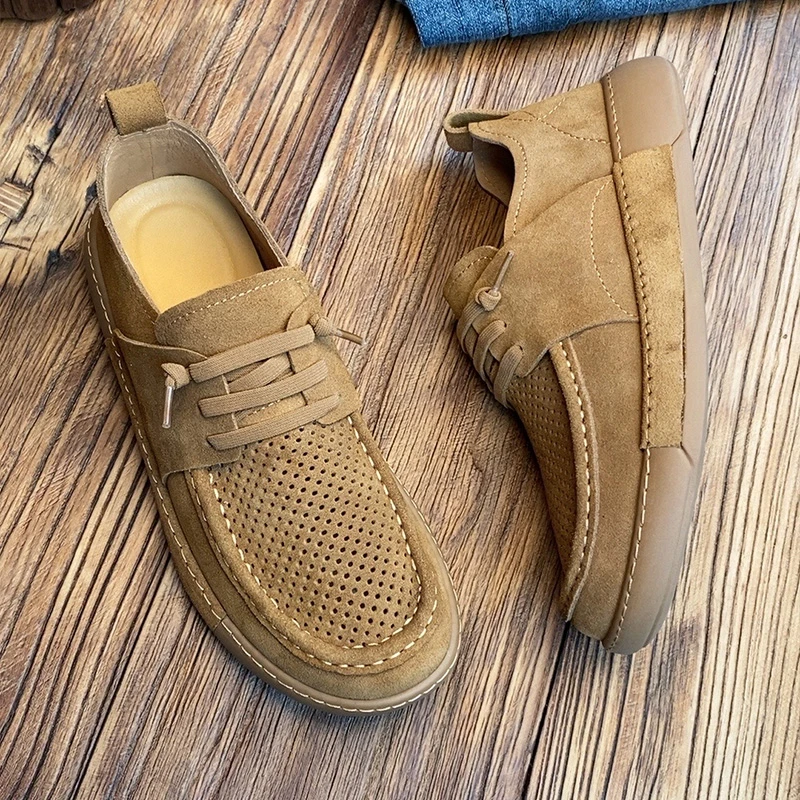 男鞋夏季透气真皮软底软面休闲鞋时尚潮流百搭镂空轻便低帮潮鞋