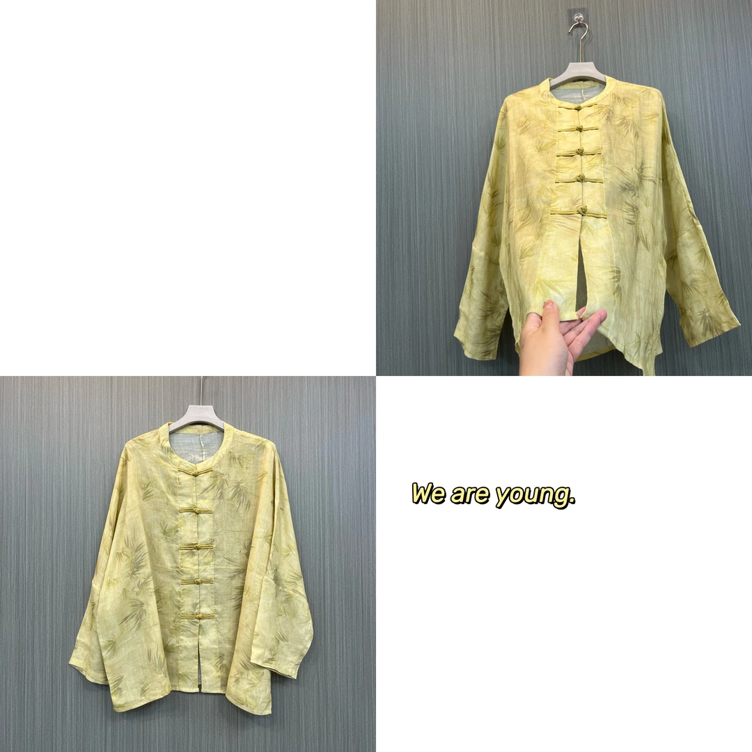 【竹夜清】新中式国风100苎麻透气凉宽松金色上衣