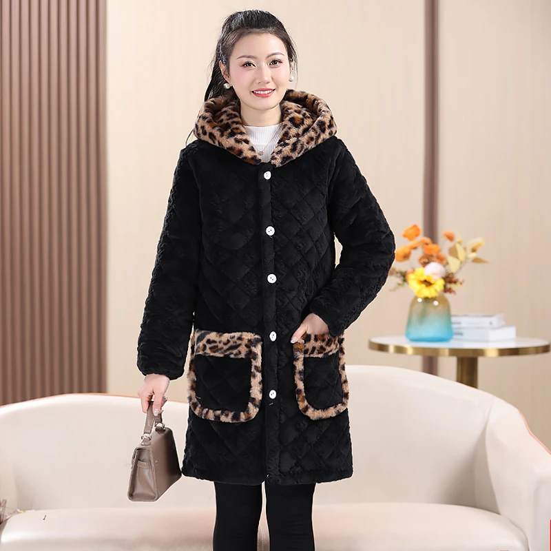 加绒加厚棉衣女冬季棉袄外套中年妈妈装罩衣连帽中长款老年人女装