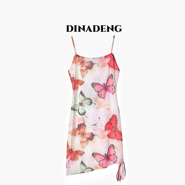 狄娜Dinadeng夏季女装连衣裙法式薄款露背性感开叉女装露背连衣裙