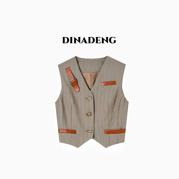 狄娜Dinadeng【高端线千金大小姐】北欧老钱西服拼爱马橙pu皮扣套装