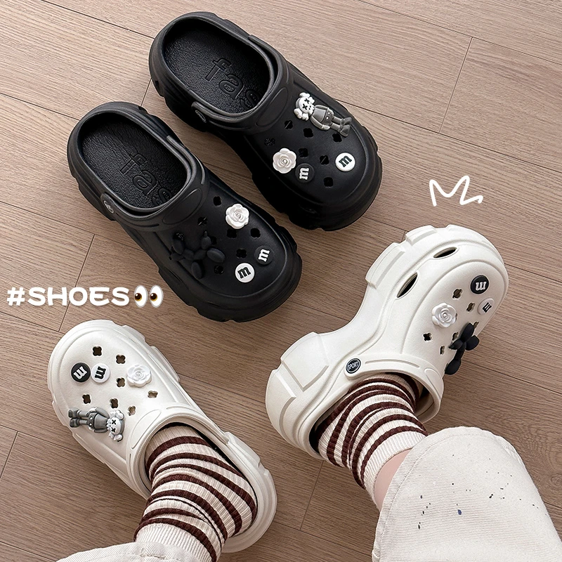 增高洞洞鞋女夏季外穿卡通DIY百搭ins防滑时尚踩屎感两穿包头拖鞋