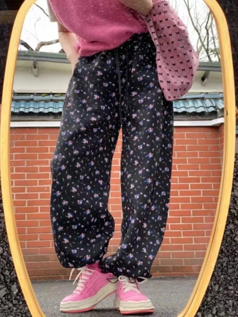 鑫鑫女装 早秋新款百搭黑色碎花裤休闲洋气