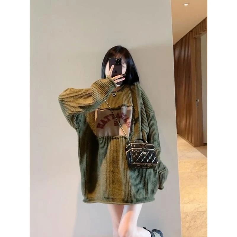 日系古着套头软糯毛衣女秋冬新款慵懒宽松中长款百搭针织上衣圆领