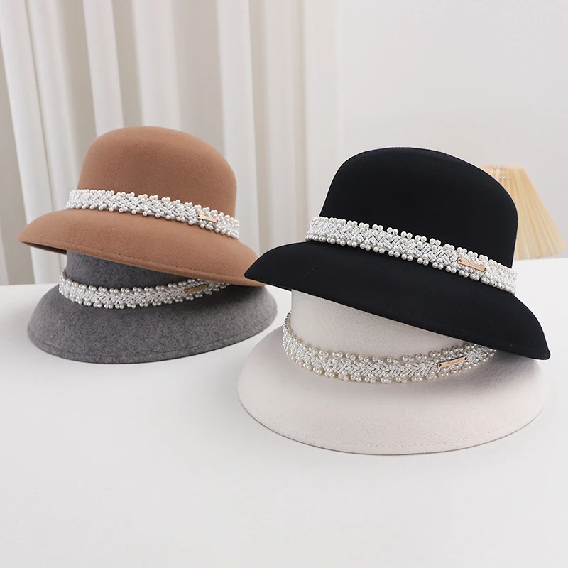 秋冬羊毛礼帽优雅渔夫帽时尚珍珠毡帽复古赫本盆帽出游逛街显脸小