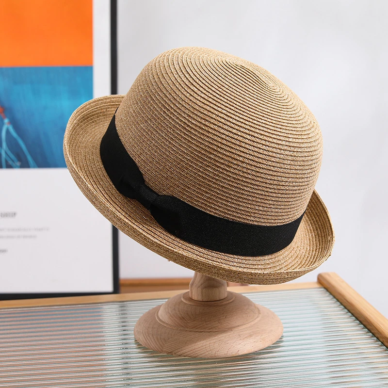 夏草帽韩版赫本风圆顶小礼帽防紫外线帽子女出游丸子帽百搭盆帽