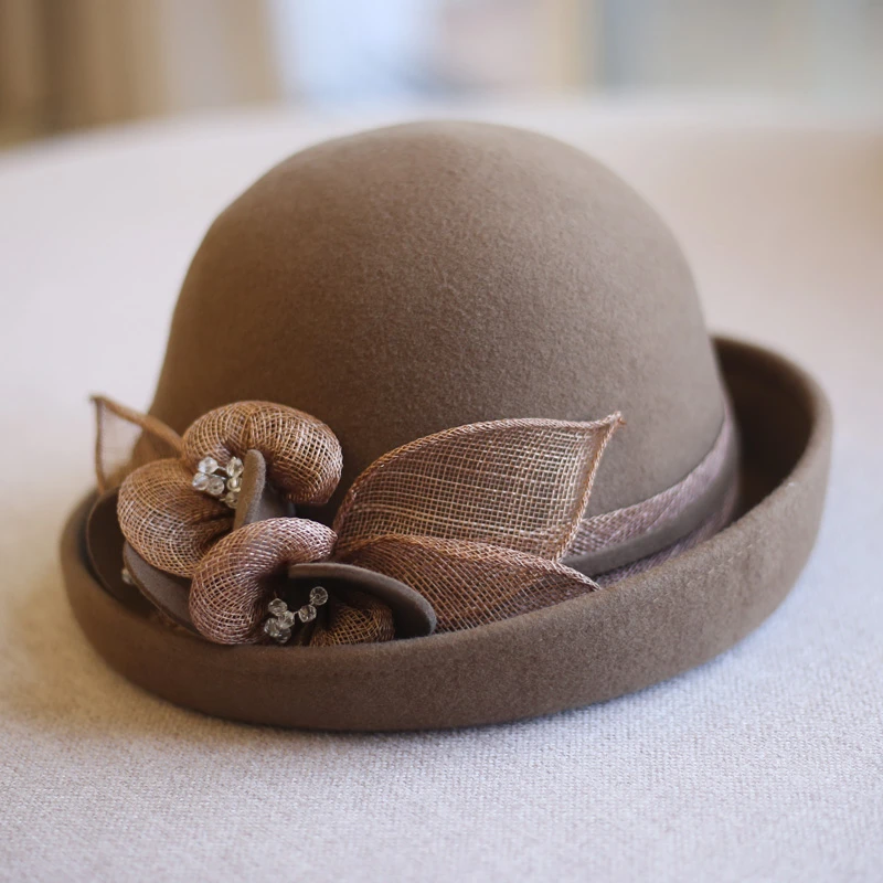 秋冬复古卷边手工菲律宾花朵羊毛呢圆顶礼帽毡帽女出游盆帽帽子