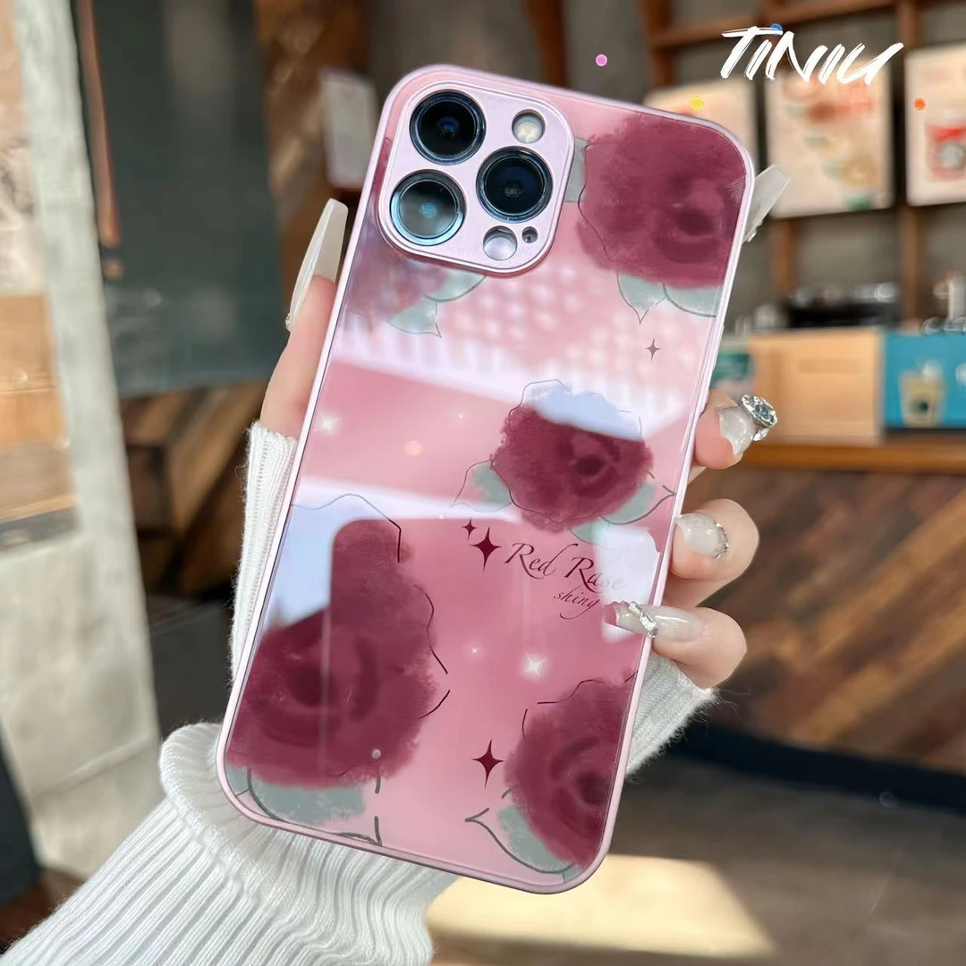 苹果/华为/荣耀/OPPO/VIVO 浪漫红玫瑰金属漆钢化玻璃防刮手机壳