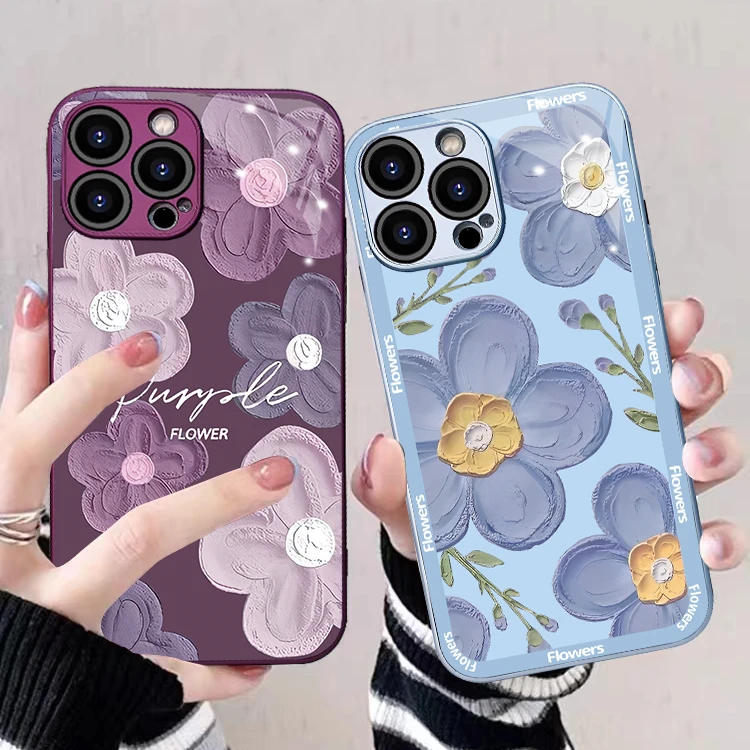苹果/华为/荣耀/OPPO/VIVO 紫色花朵金属漆钢化玻璃防刮花手机壳