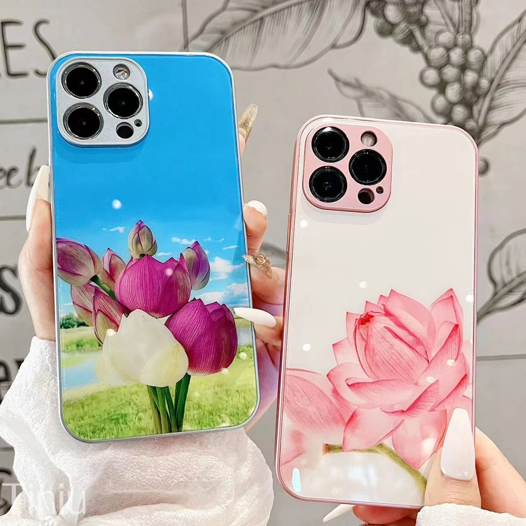 苹果/华为/荣耀/OPPO/VIVO 时尚莲花金属漆钢化玻璃防刮花手机壳