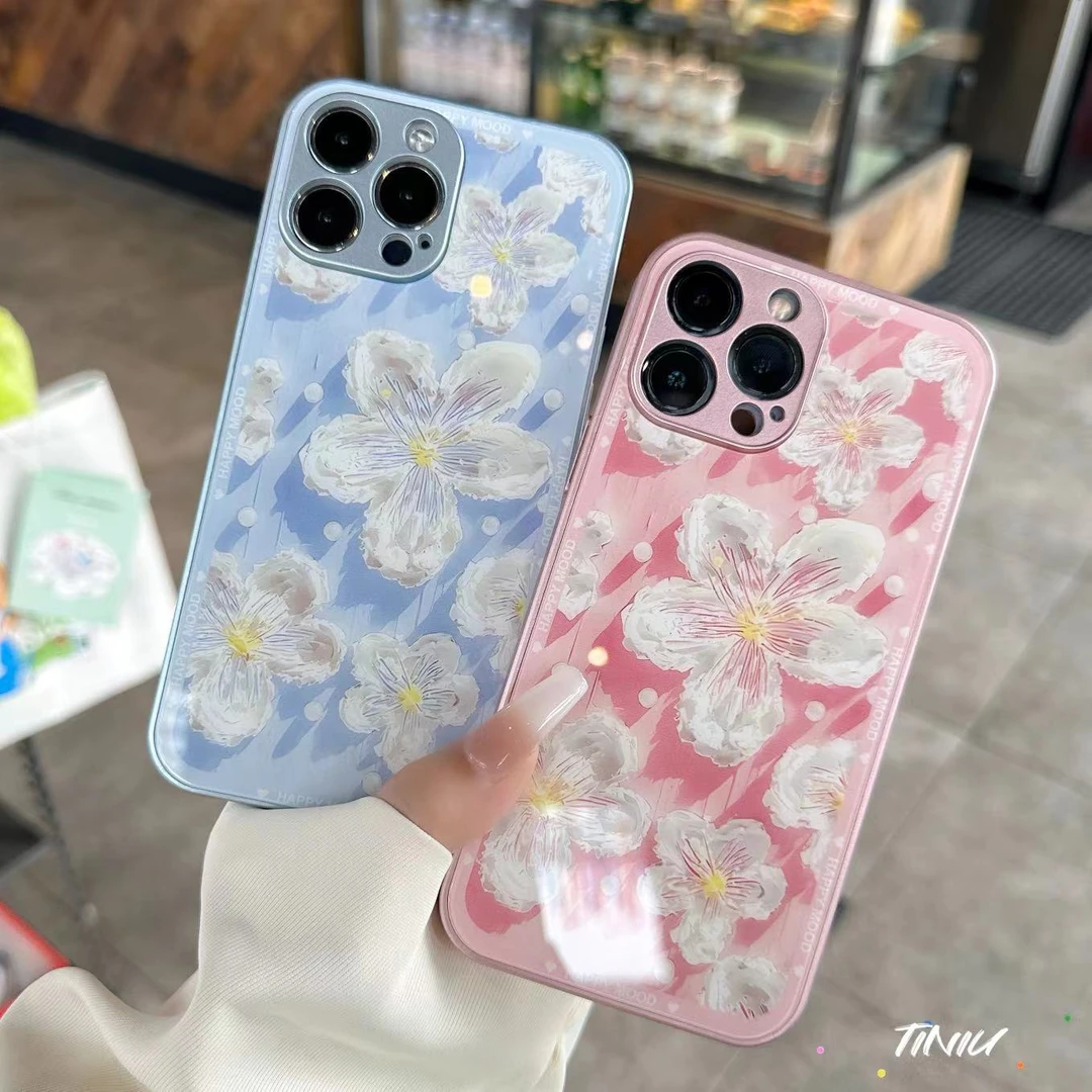 苹果/华为/荣耀/OPPO/VIVO 珍珠奶油花花金属漆钢化玻璃手机壳