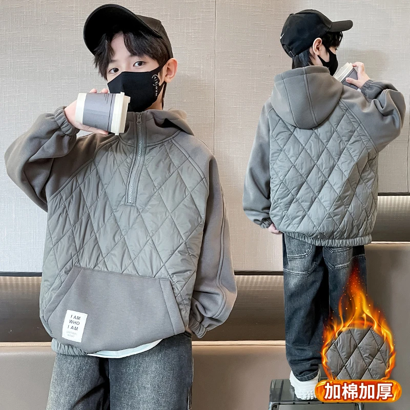 儿童装男童夹棉加厚外套秋冬款2023新款中大童冬季男孩冬装棉服潮