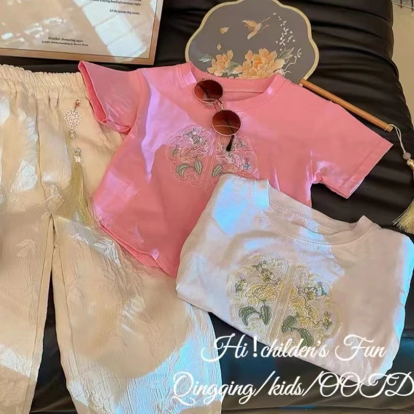 夏季儿童中国风刺绣纯棉t恤女童洋气百搭短袖