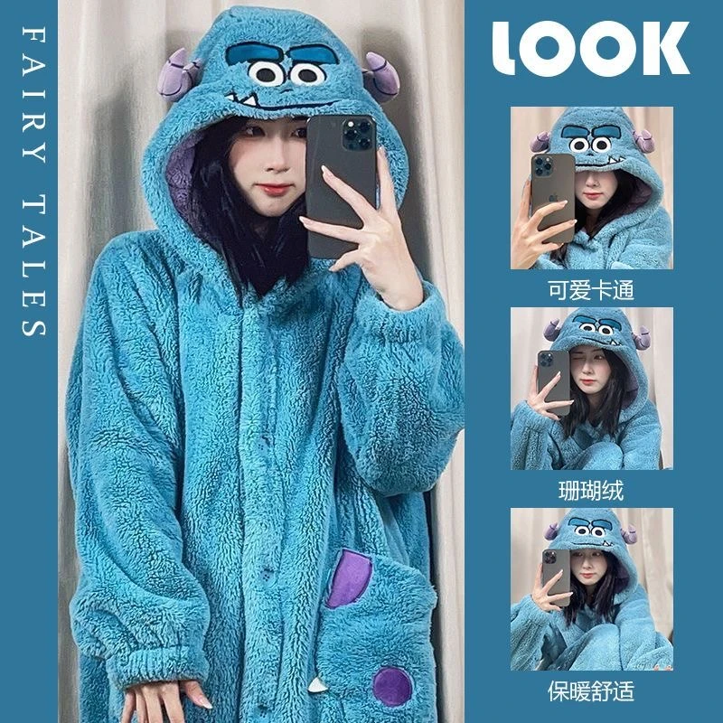 苏利文小怪兽睡衣女冬季韩版可爱大码可外穿冬睡袍家居服保暖卡通