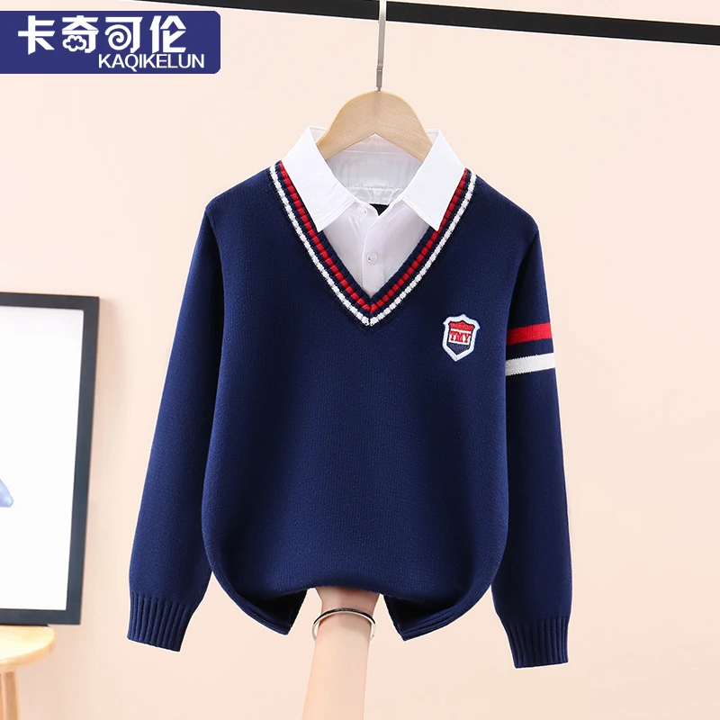 男童毛衣春秋2025新款儿童针织衫春款大童内搭纯棉男孩假两件秋装