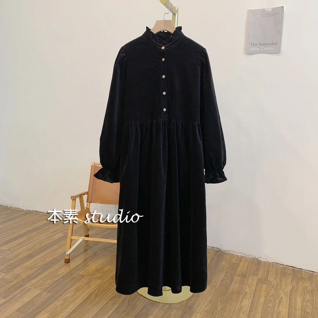 C2880灯芯绒半开扣木耳边立领连衣裙