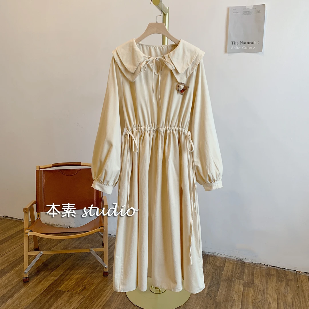 C2191磨毛腰侧抽绳系带双层娃娃领连衣裙