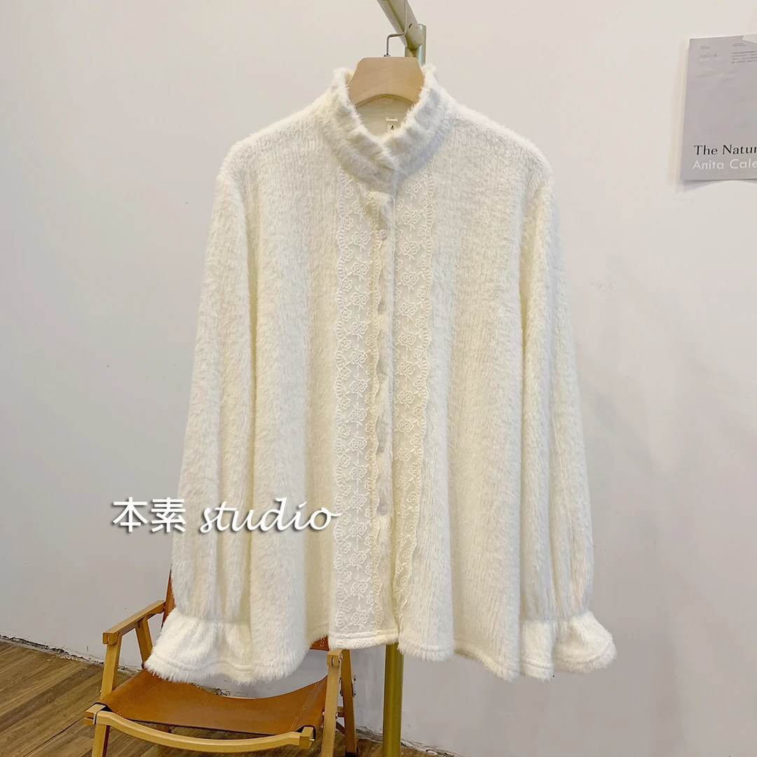 绒花C2959毛绒蕾丝贴布全开扣木耳边立领衬衫