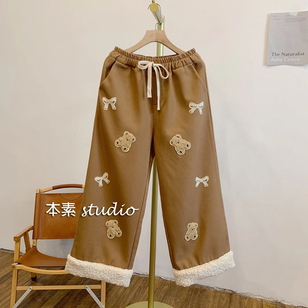 小熊裤C2805加绒蝴蝶结小熊贴布松紧腰系带毛绒翻边阔腿裤