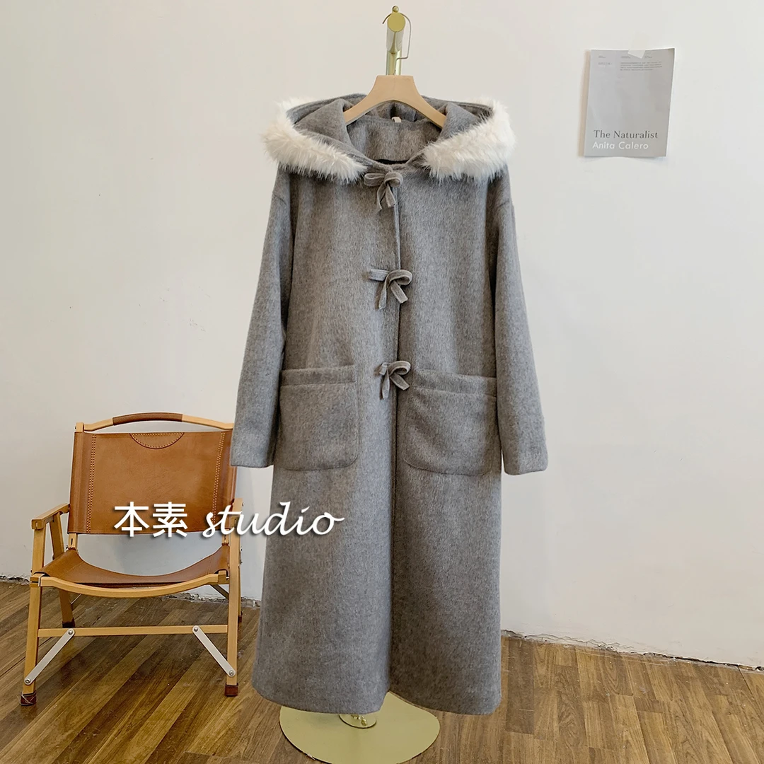 财阀小姐C2848蝴蝶结可拆卸毛边连帽毛呢外套