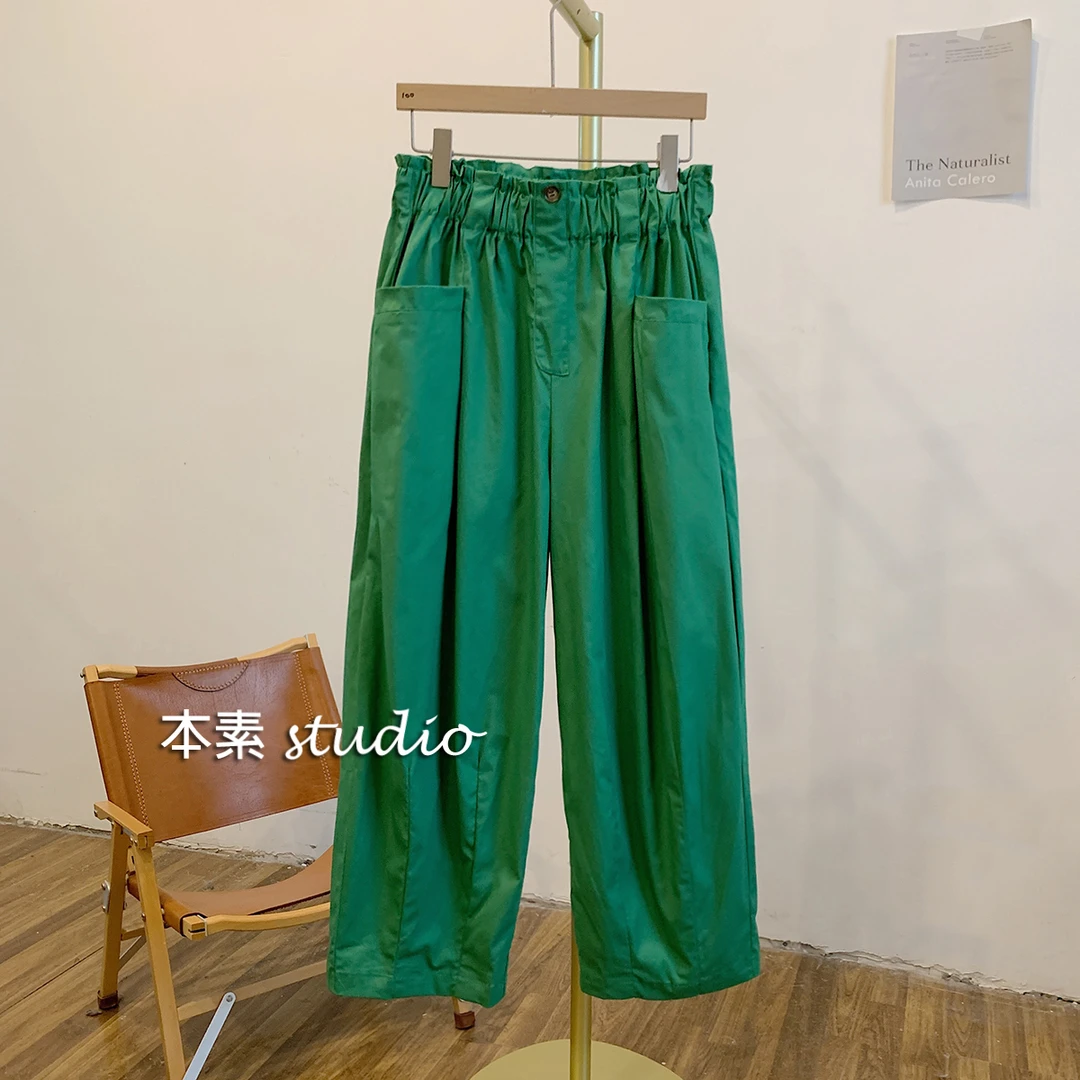 C1696纯色松紧腰宽松老爹裤