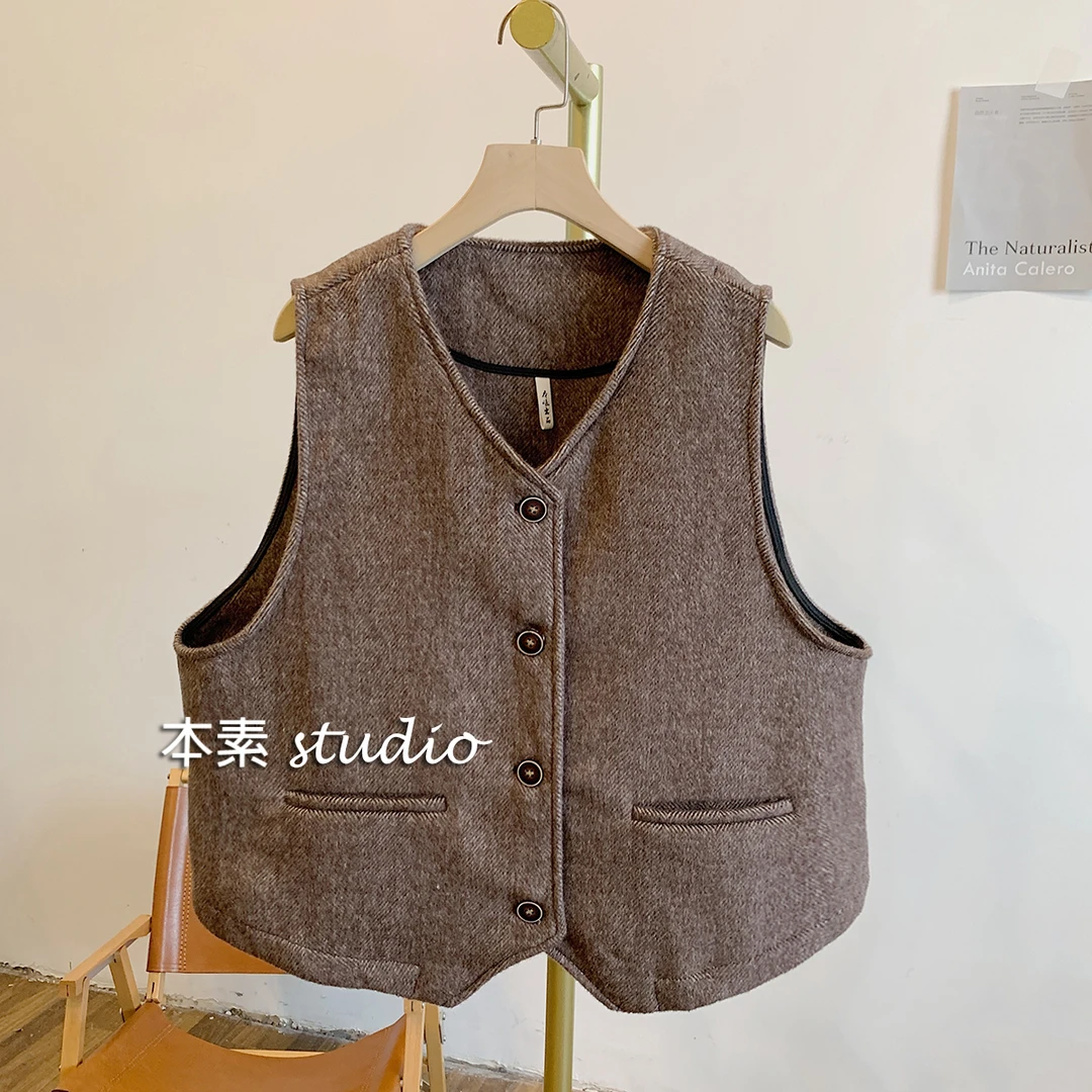 松果C1954人字纹V领毛呢马甲