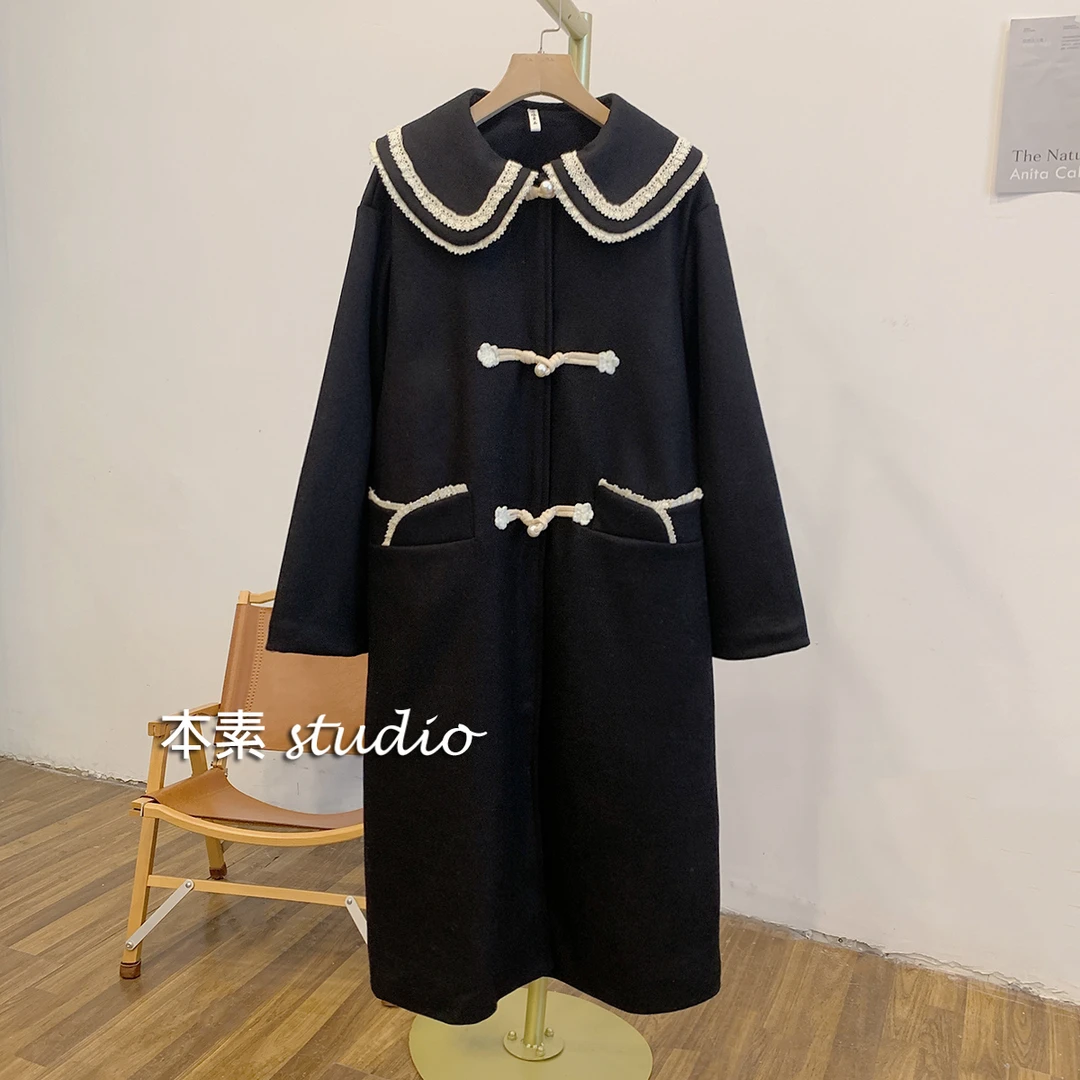 私立女高C2758夹棉小花花边娃娃领毛呢外套