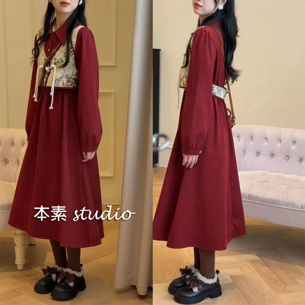 【红昭愿】M9084腰部松紧假两件翻领连衣裙