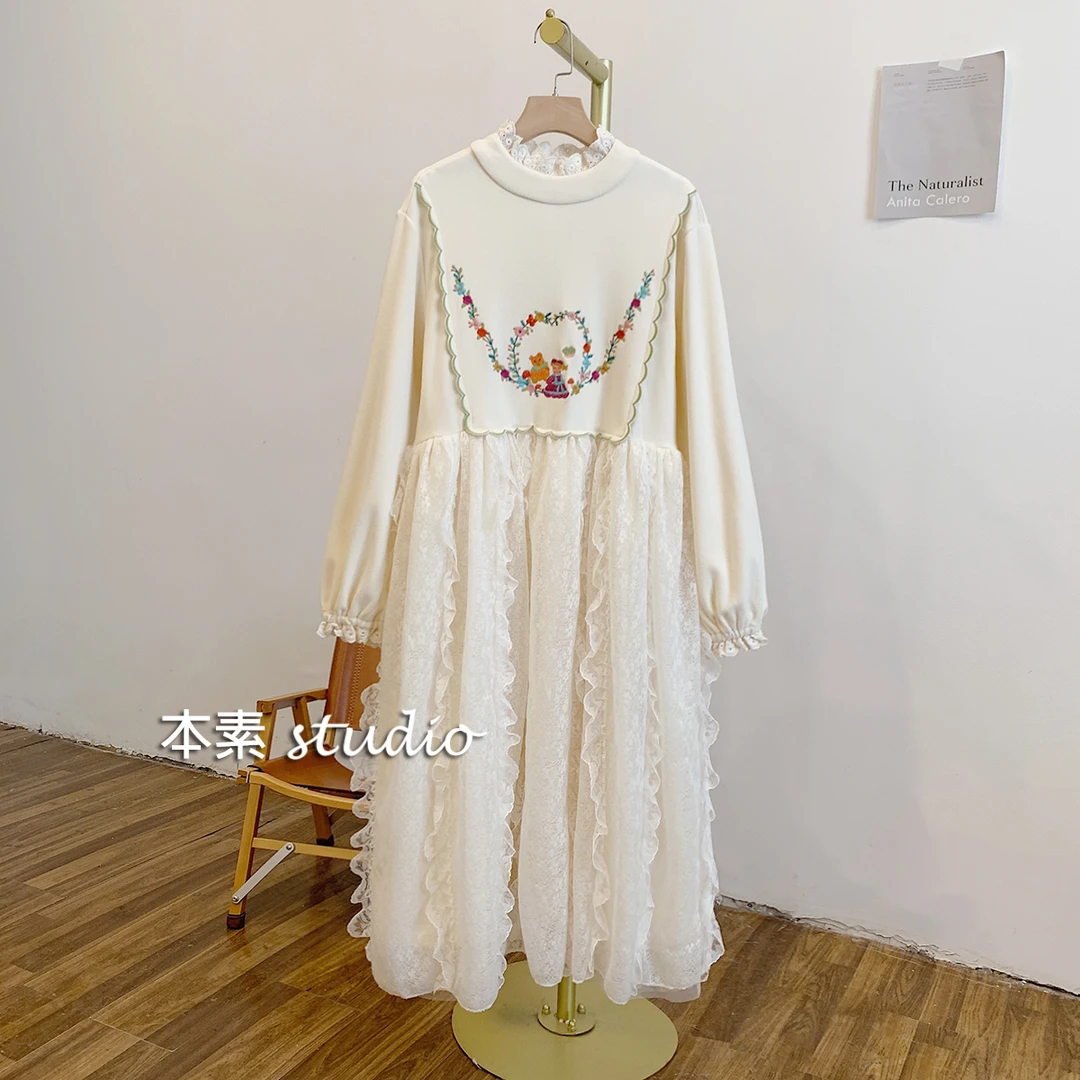 森林派对C2910磨毛德绒刺绣蕾丝拼接立领连衣裙