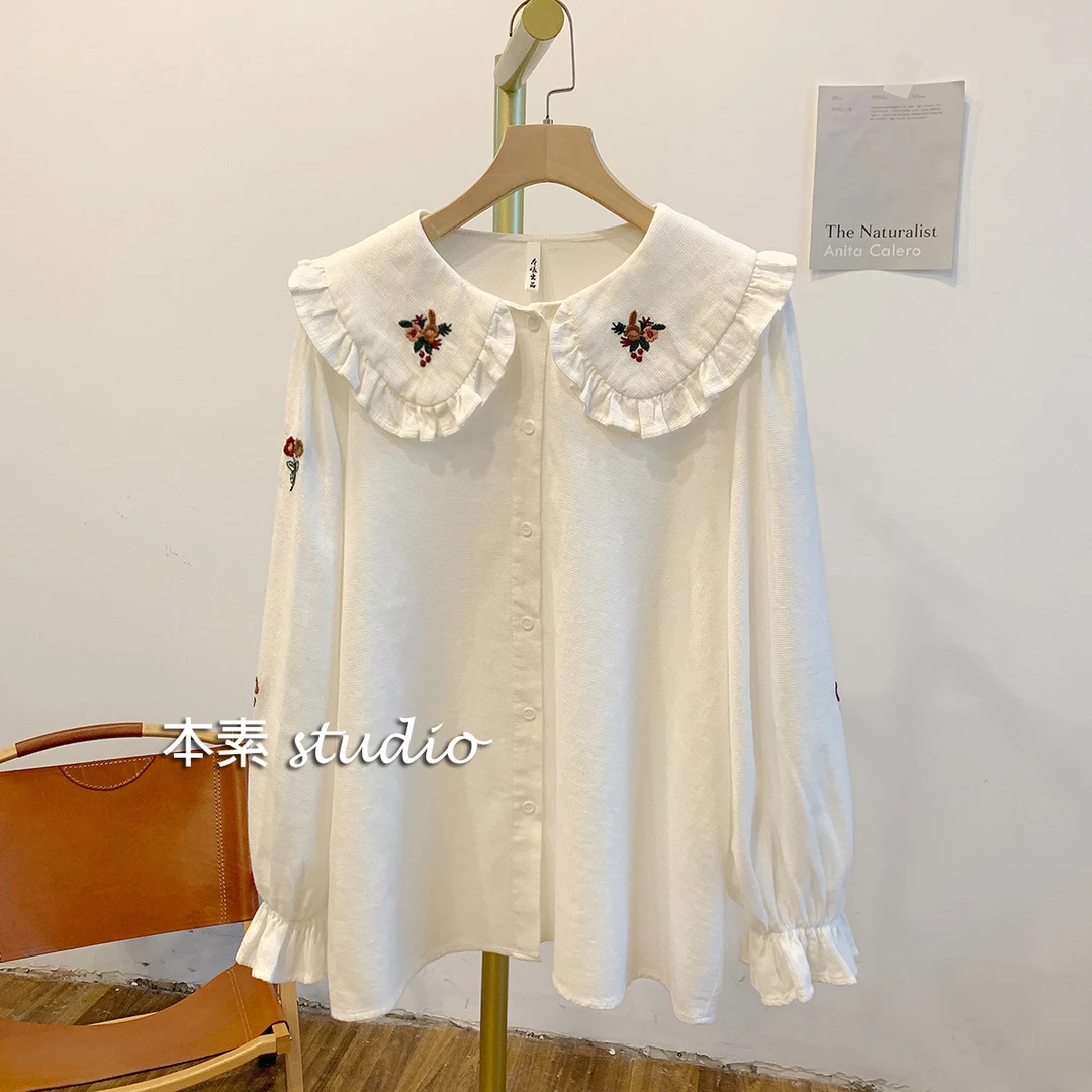 C1970华夫格刺绣全开扣娃娃领衬衫