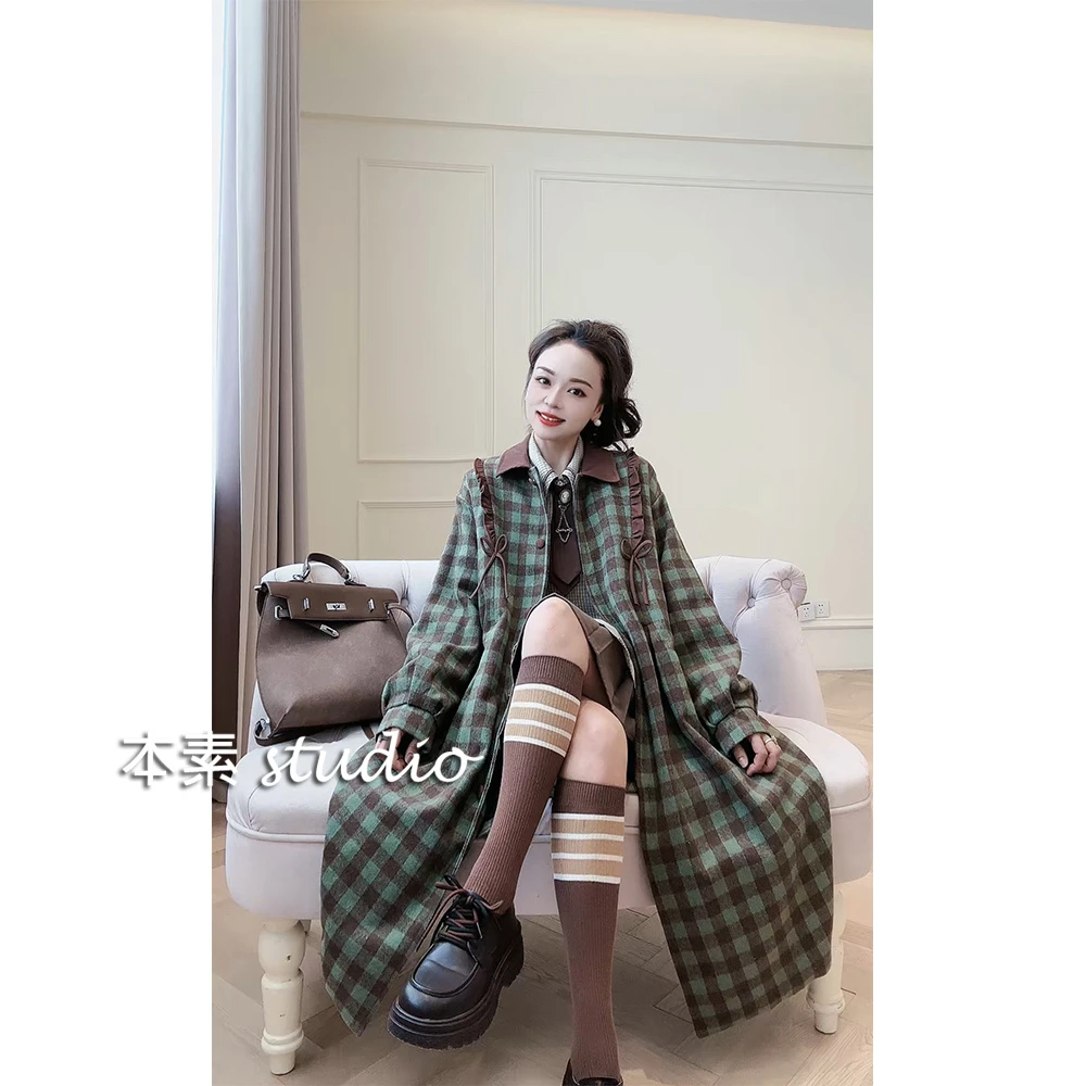 青桔乌龙M8796格纹蝴蝶结木耳边翻领棉衣外套