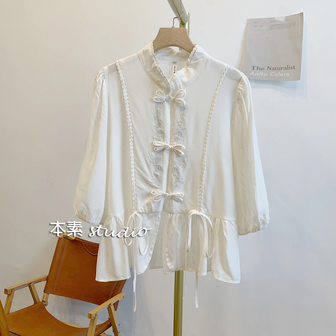 雪柳C0303刺绣蕾丝边系带盘扣新中式立领短袖衬衫