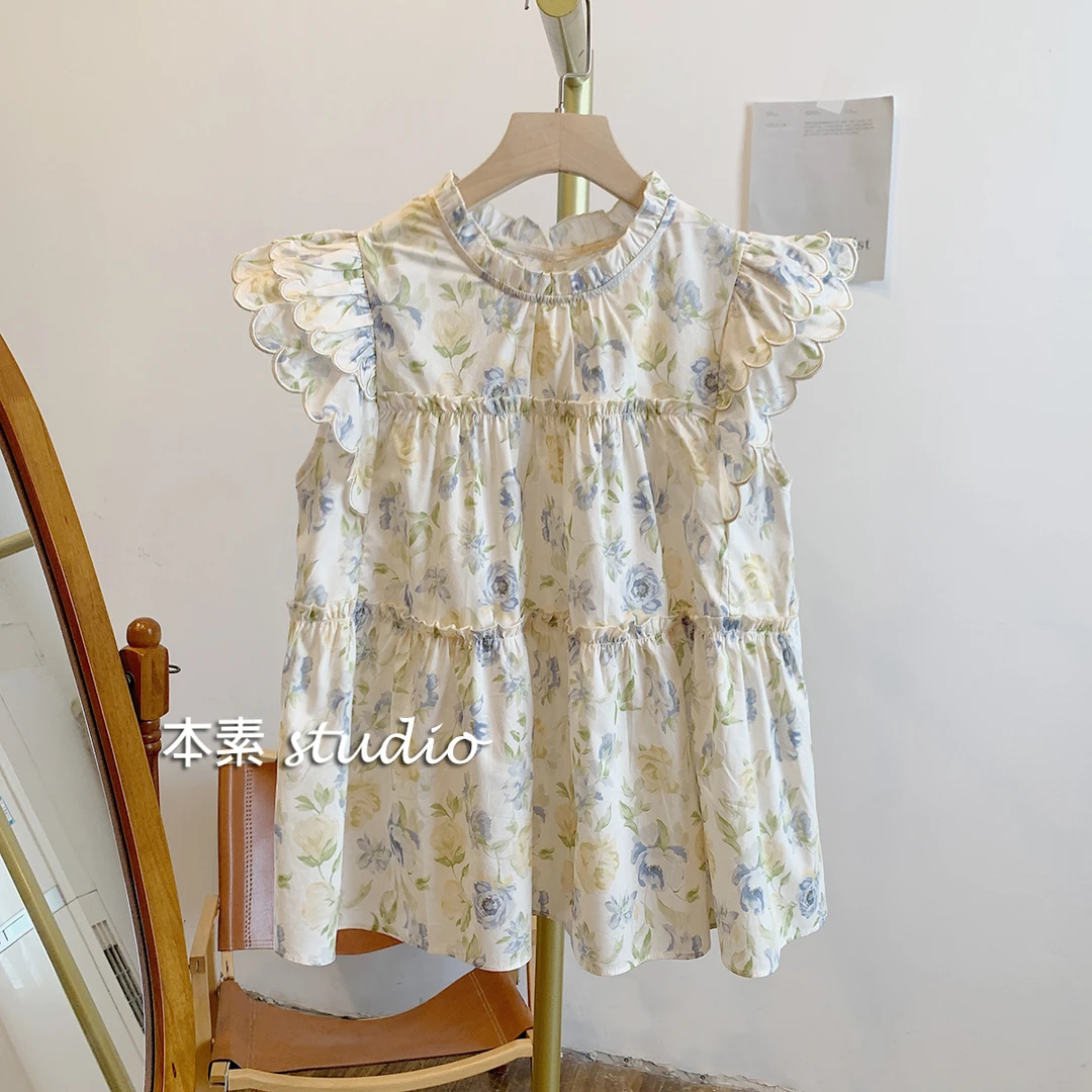 玫瑰园C0820印花小飞袖木耳边立领衬衫