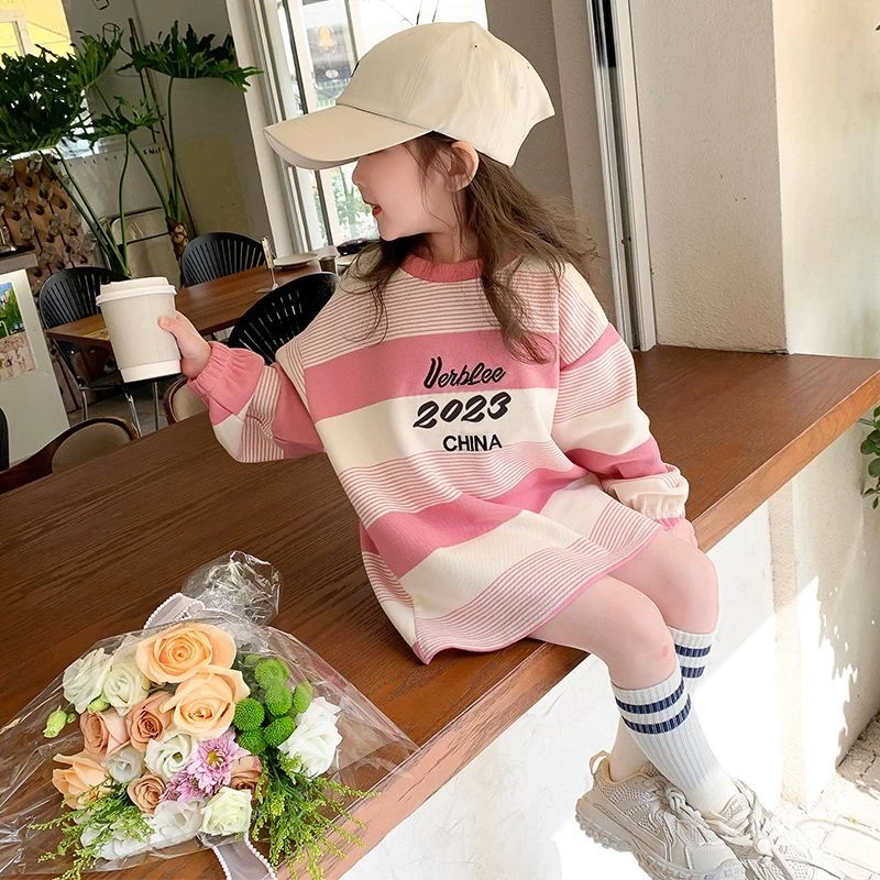 女童卫衣春秋2023新款洋气儿童5网红女孩中小童上衣条纹长版T恤裙