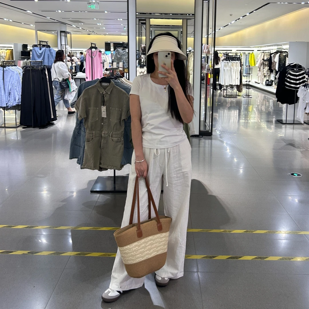 不会透的亚麻苎麻裤子白色透气松紧腰慵懒风棉麻拖地阔腿裤夏季女